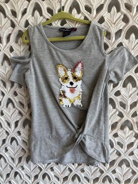 Love Alexa Girls Sequin Corgi Cold Shoulder Top Size M